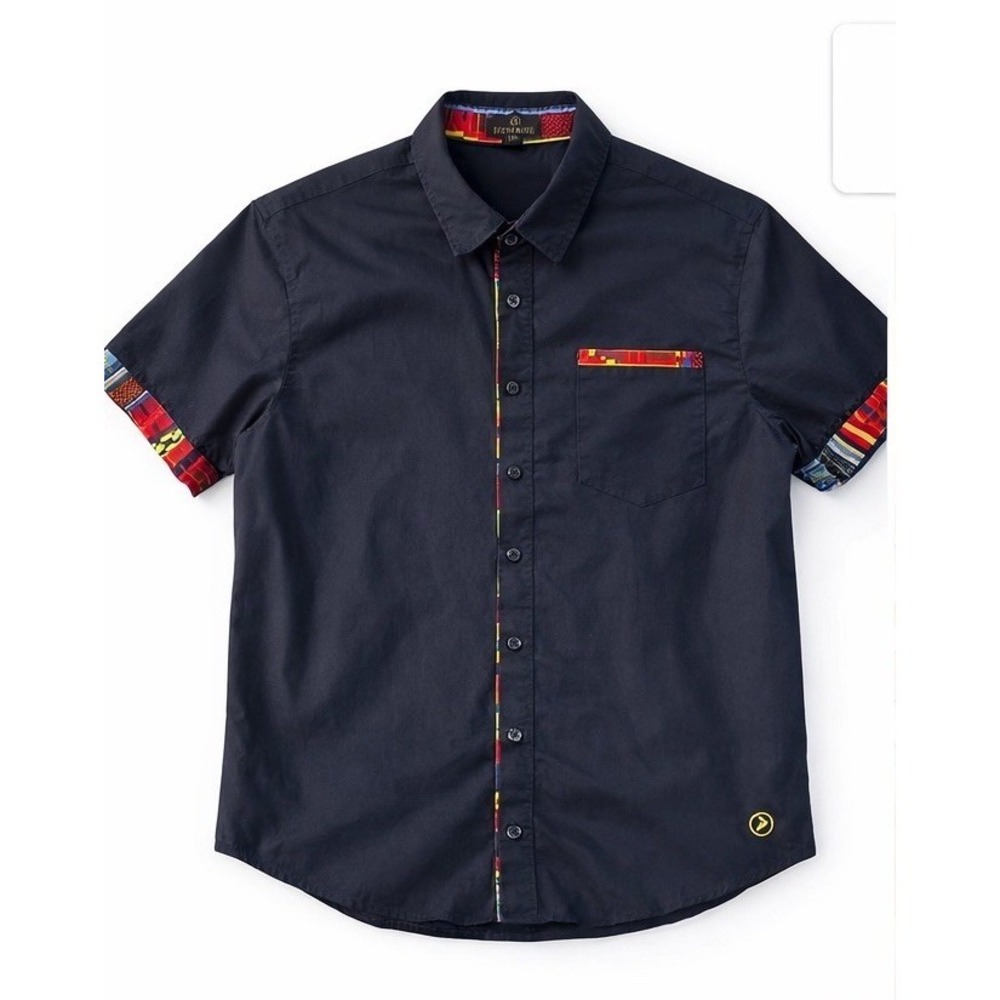 DIYANU Mens XXL Black Button Up Shirt Kente Trim Afrocentric Short Sleeve Cotton